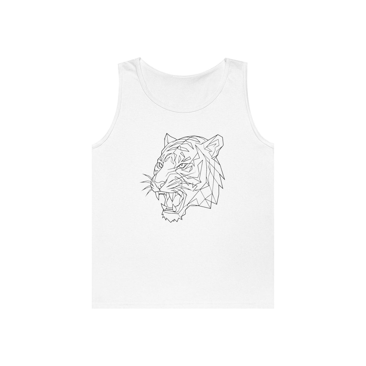 White sleeveless tank top featuring a minimalist geometric line art design of a roaring tiger head, combining modern style with a bold animal motif for a striking and fashionable look. | PicSEO 1776458884763