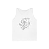 White sleeveless tank top featuring a minimalist geometric line art design of a roaring tiger head, combining modern style with a bold animal motif for a striking and fashionable look. | PicSEO 1776458884763