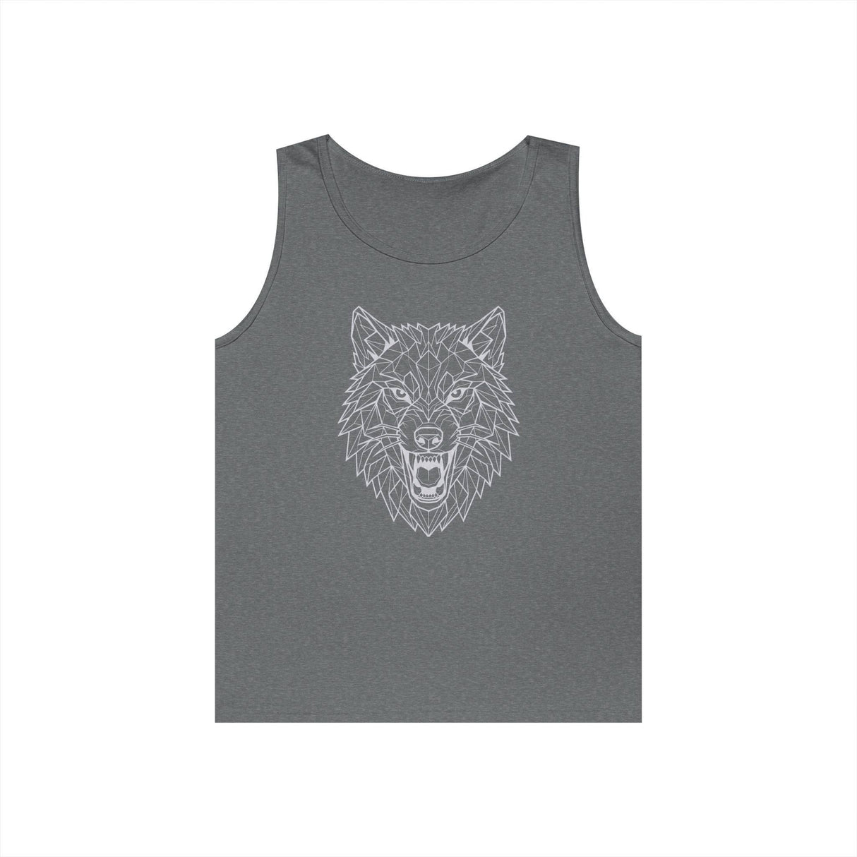 Stylish grey sleeveless tank top featuring a geometric, line-art design of a fierce wolf's head with an open mouth, combining modern graphic elements with a bold wildlife theme. | PicSEO 1776477003175