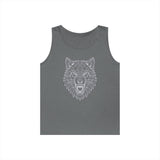 Stylish grey sleeveless tank top featuring a geometric, line-art design of a fierce wolf's head with an open mouth, combining modern graphic elements with a bold wildlife theme. | PicSEO 1776477003175