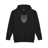 Black pullover hoodie featuring a bold geometric wolf head design in white lines on the chest, complete with an adjustable drawstring hood and a front kangaroo pocket for comfort and style. | PicSEO 1776478107536