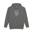 Charcoal gray hoodie featuring a bold, geometric outline of a roaring wolf head centered on the chest. Designed with a drawstring hood and a front kangaroo pocket for warmth and functionality. Made from soft, comfortable fabric ideal for casual wear and outdoor activities. | PicSEO 1776478026230