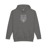Charcoal gray hoodie featuring a bold, geometric outline of a roaring wolf head centered on the chest. Designed with a drawstring hood and a front kangaroo pocket for warmth and functionality. Made from soft, comfortable fabric ideal for casual wear and outdoor activities. | PicSEO 1776478026230