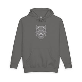 Charcoal gray hoodie featuring a bold, geometric outline of a roaring wolf head centered on the chest. Designed with a drawstring hood and a front kangaroo pocket for warmth and functionality. Made from soft, comfortable fabric ideal for casual wear and outdoor activities. | PicSEO 1776478026230