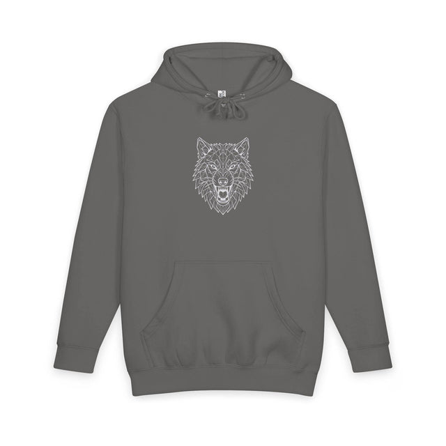 Charcoal gray hoodie featuring a bold, geometric outline of a roaring wolf head centered on the chest. Designed with a drawstring hood and a front kangaroo pocket for warmth and functionality. Made from soft, comfortable fabric ideal for casual wear and outdoor activities. | PicSEO 1776478026230
