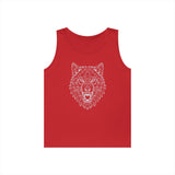 Red sleeveless tank top featuring a white geometric line art design of a roaring wolf's head, combining bold color with modern animal illustration for a striking, edgy look. | PicSEO 1776477083252