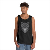 Black sleeveless tank top featuring a geometric, angular wolf head design in white lines, worn by a young man with curly hair and casual blue jeans, set against a plain white background. | PicSEO 1776476828556