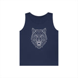Navy blue sleeveless tank top featuring a geometric, line-art design of an aggressive wolf's head in white, blending modern angular shapes with a fierce animal motif for a bold, stylish look. | PicSEO 1776477045029