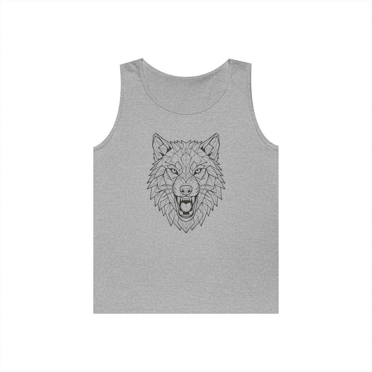 Grey sleeveless tank top featuring a detailed geometric wolf head design in black lines, showcasing a fierce expression with sharp teeth and intense eyes, perfect for casual wear with an edgy, modern style. | PicSEO 1776476921863