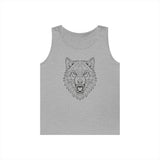 Grey sleeveless tank top featuring a detailed geometric wolf head design in black lines, showcasing a fierce expression with sharp teeth and intense eyes, perfect for casual wear with an edgy, modern style. | PicSEO 1776476921863