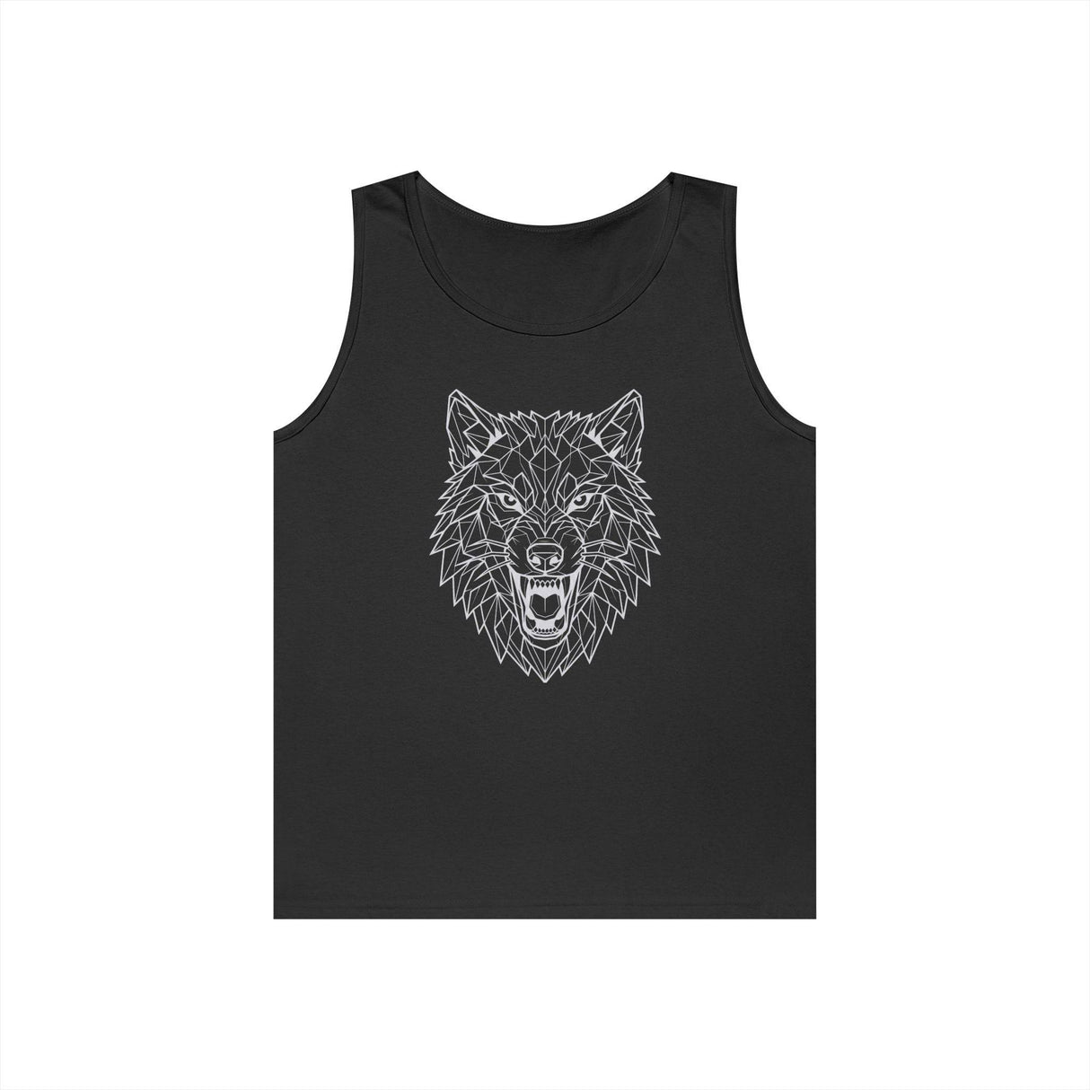 Black sleeveless tank top featuring a geometric wolf head design in white lines, showcasing an aggressive and detailed expression. The modern, angular artwork adds a bold, edgy style to casual wear. | PicSEO 1776476842620