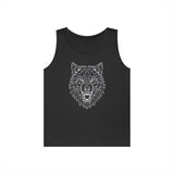 Black sleeveless tank top featuring a geometric wolf head design in white lines, showcasing an aggressive and detailed expression. The modern, angular artwork adds a bold, edgy style to casual wear. | PicSEO 1776476842620