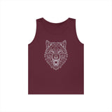 Maroon sleeveless tank top featuring a striking geometric line art design of a snarling wolf's head, blending modern minimalism with bold wildlife imagery for a stylish and edgy look. | PicSEO 1776476962733