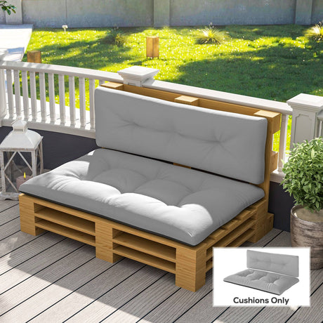 Gray tufted outdoor seat cushions designed for pallet furniture, featuring thick padding for enhanced comfort and durability, ideal for creating a cozy seating area on patios or decks. | PicSEO 1774541225277