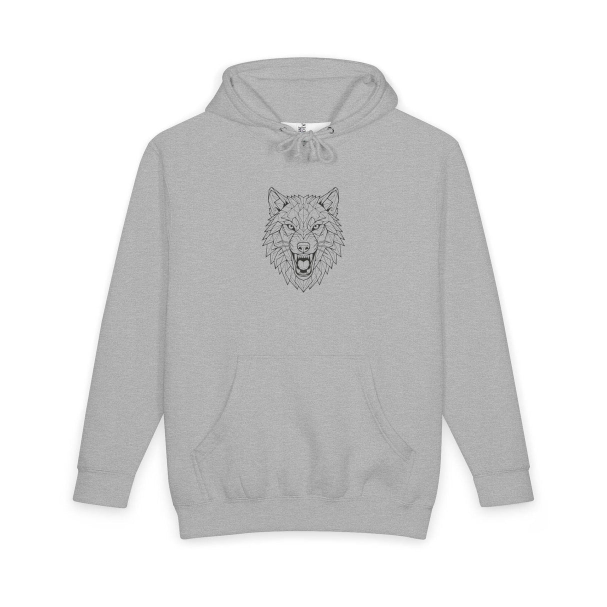 Grey hooded sweatshirt featuring a bold, geometric line art design of a fierce wolf’s head centered on the chest, combining minimalist style with a strong, wild motif for a casual and edgy look. | PicSEO 1776478050680