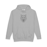Grey hooded sweatshirt featuring a bold, geometric line art design of a fierce wolf’s head centered on the chest, combining minimalist style with a strong, wild motif for a casual and edgy look. | PicSEO 1776478050680