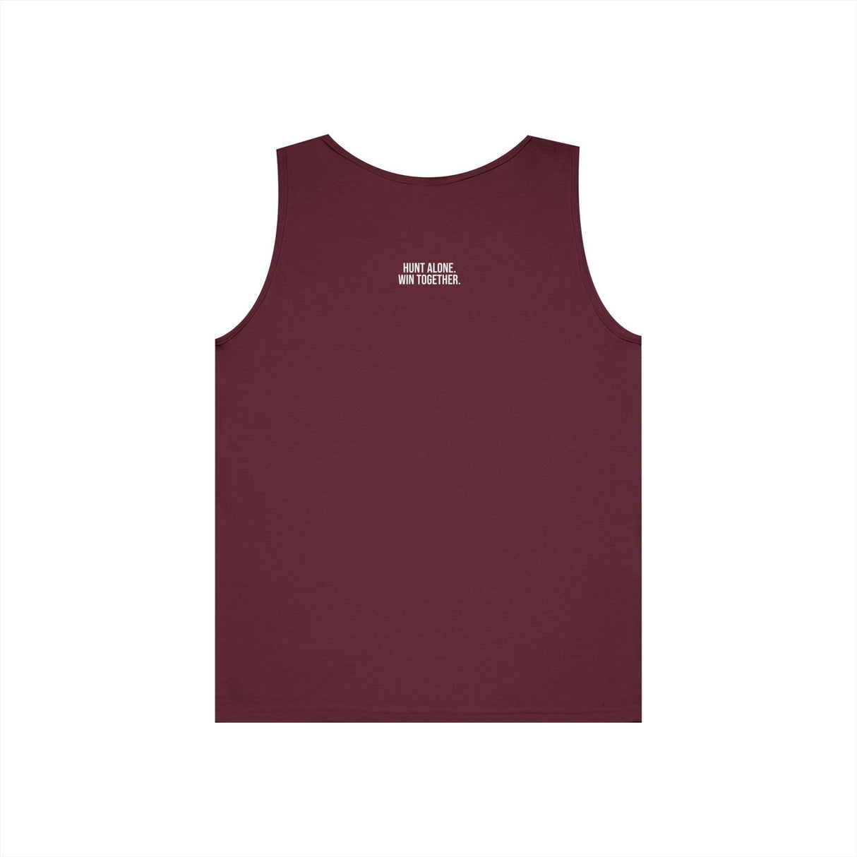 Maroon sleeveless tank top featuring a minimalist design with the motivational phrase "HUNT ALONE. WIN TOGETHER." printed in white on the upper back, ideal for casual wear and active lifestyles. | PicSEO 1776476972740