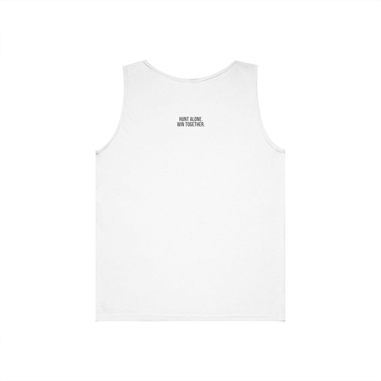 White sleeveless tank top featuring a minimalist design with the motivational phrase "HUNT ALONE. WIN TOGETHER." printed in small, black uppercase letters on the upper back, combining simplicity and inspiration for active or casual wear. | PicSEO 1776476889910