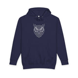 Navy blue hoodie featuring a geometric owl face design in white on the front, complete with a front kangaroo pocket, adjustable drawstring hood, and ribbed cuffs and hem for a comfortable and stylish fit. | PicSEO 1776477949859