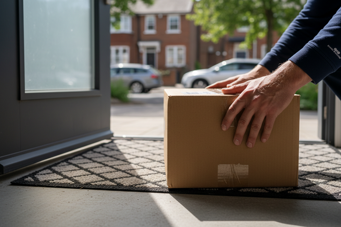 Courier hand delivering cardboard package to front door on doormat in daylight
