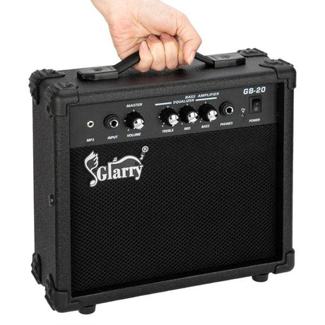 Portable Glarry GB-20 bass amplifier with durable black casing, featuring multiple control knobs for volume, treble, mid, and bass equalizer adjustments. Equipped with input jacks for MP3 and headphones, a power switch, and a sturdy carrying handle for easy transport and versatile use. | PicSEO 1774982105519