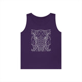 Purple sleeveless tank top featuring a modern geometric line art design of an elephant's face in white, blending contemporary style with nature-inspired imagery for a bold and trendy look. | PicSEO 1776569794537
