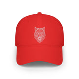 Red baseball cap featuring a detailed white geometric wolf head design on the front, combining bold color with modern, sharp line art for a striking and stylish look. | PicSEO 1776689150210