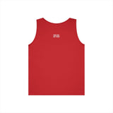 Red sleeveless tank top featuring a minimalist design with the motivational phrase "THICK SKIN. SOFT HEART." printed in white on the upper back, combining bold color and inspirational messaging for casual wear. | PicSEO 1776569897124