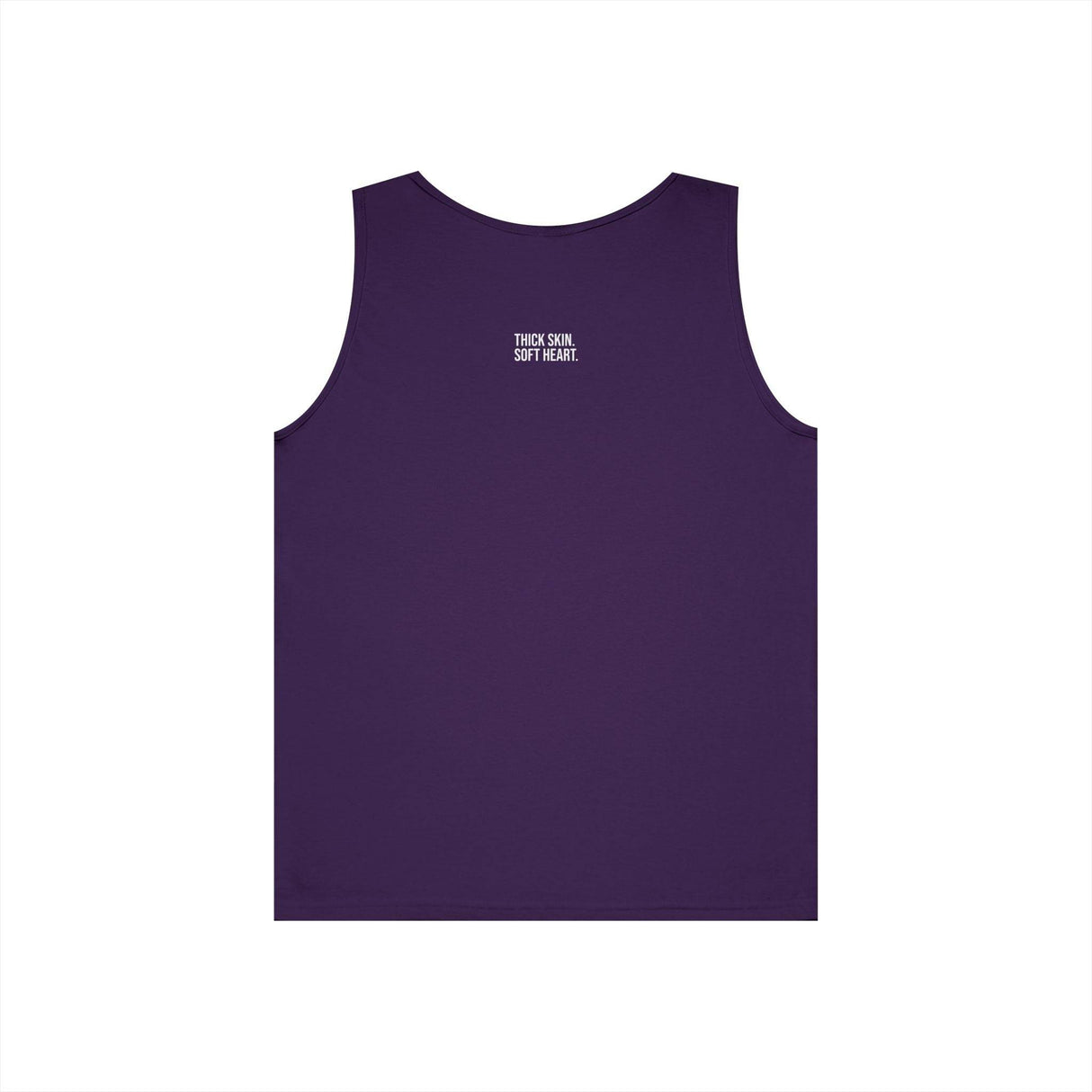 Purple sleeveless tank top featuring a minimalist design with the motivational phrase "THICK SKIN. SOFT HEART." printed in white on the upper back, combining comfort and style for casual wear. | PicSEO 1776569802813