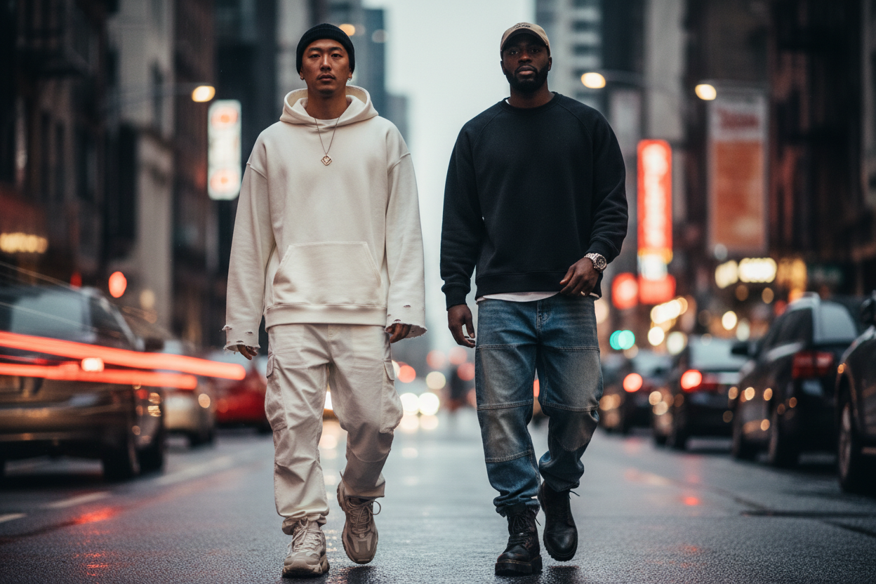 Two men walking on a city street with neon lights and cars in the background