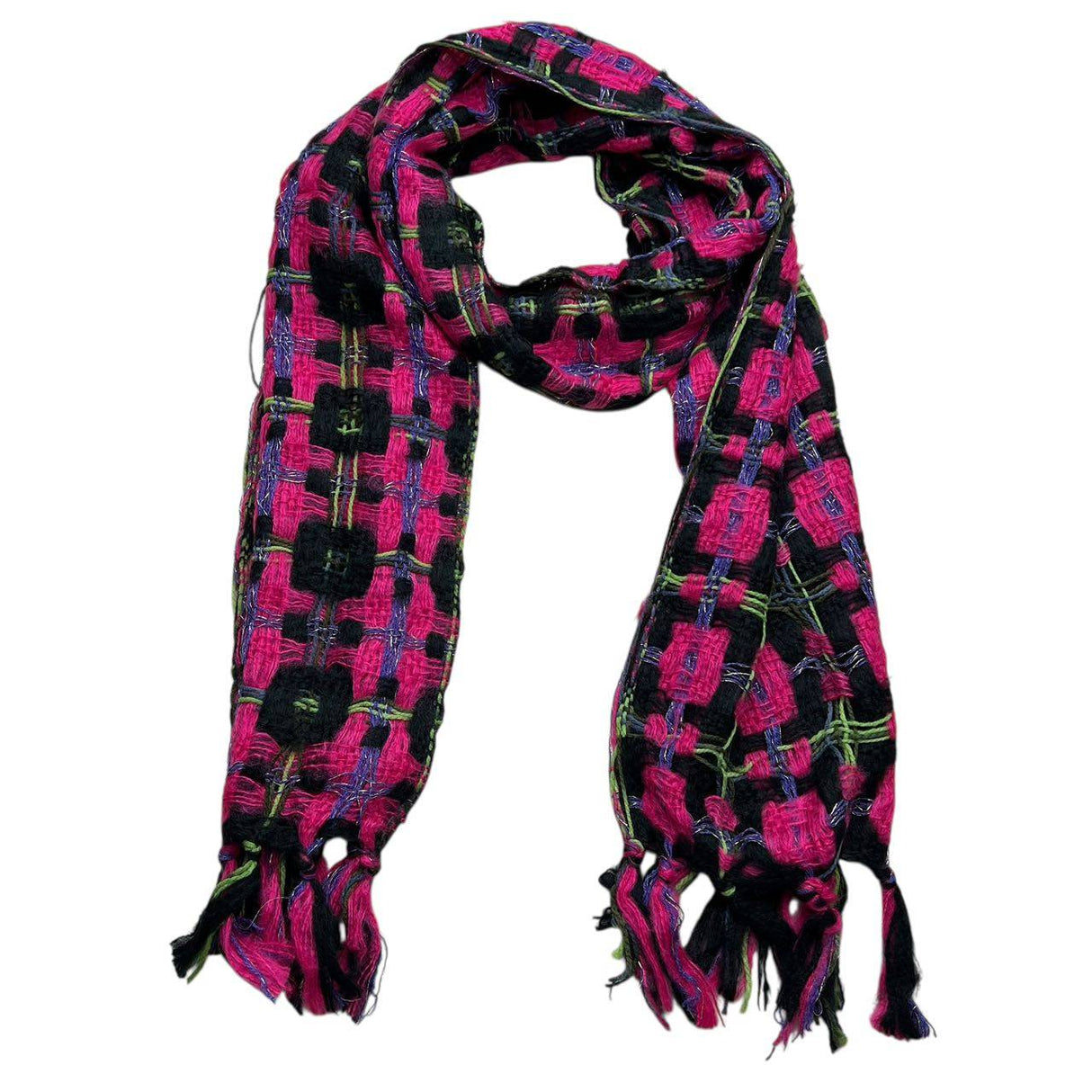 Vibrant woven scarf featuring a bold checkered pattern in bright pink and black, accented with green and purple thread details. The textured fabric offers warmth and style, while fringed ends add a playful touch, perfect for enhancing casual and chic winter outfits. | PicSEO 1775591673618