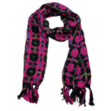 Vibrant woven scarf featuring a bold checkered pattern in bright pink and black, accented with green and purple thread details. The textured fabric offers warmth and style, while fringed ends add a playful touch, perfect for enhancing casual and chic winter outfits. | PicSEO 1775591673618