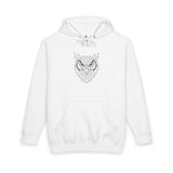 White hooded sweatshirt featuring a geometric owl design in black line art on the chest, with a front kangaroo pocket and adjustable drawstring hood for casual comfort and style. | PicSEO 1776477886613