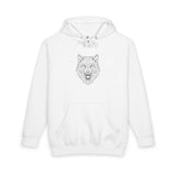 White hoodie featuring a bold, intricately detailed geometric wolf head design in black lines on the chest, with a front kangaroo pocket and adjustable drawstring hood for casual comfort and edgy style. | PicSEO 1776478070121