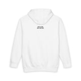 White hooded sweatshirt featuring a minimalist back design with the motivational text "HUNT ALONE. WIN TOGETHER." centered near the upper back. The hoodie has long sleeves with ribbed cuffs and a ribbed waistband, offering a casual and comfortable fit. | PicSEO 1776478078939