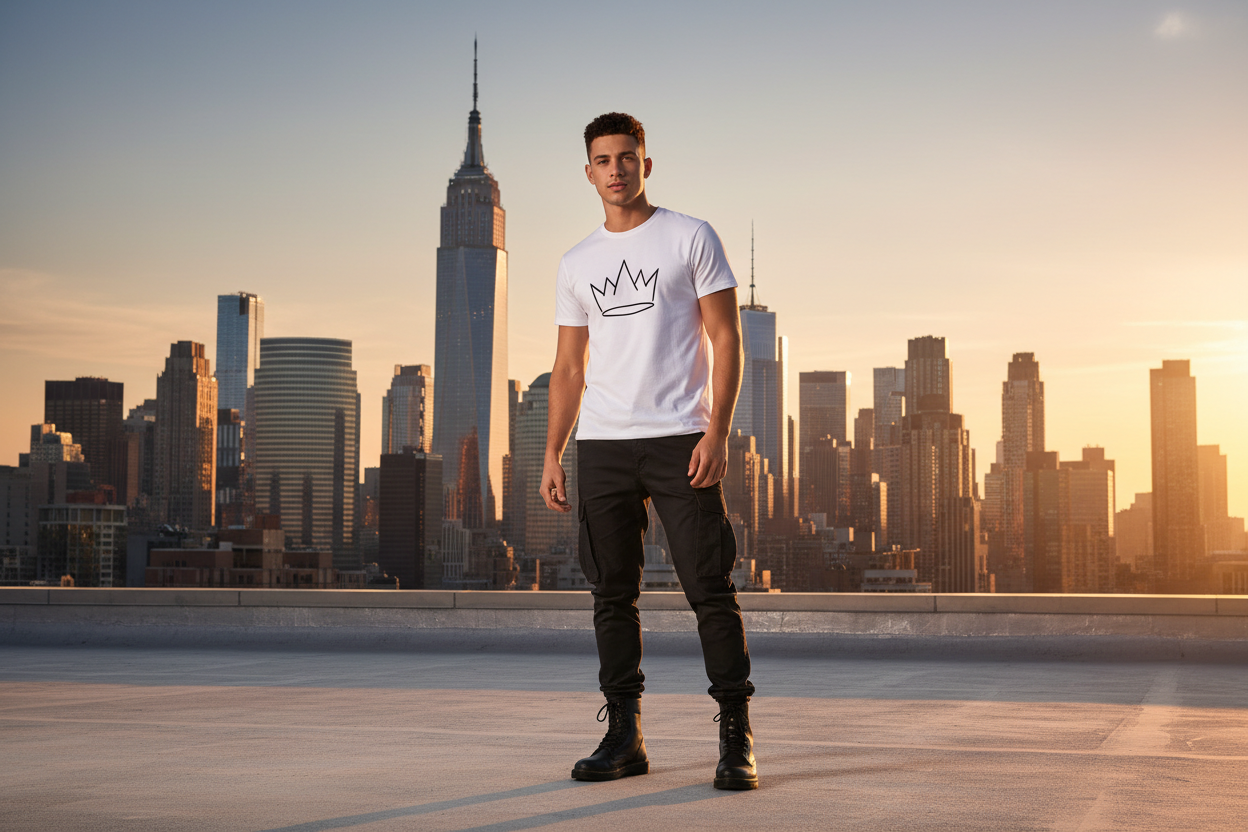Person wearing a white t-shirt with a logo on a rooftop with a city skyline in the background