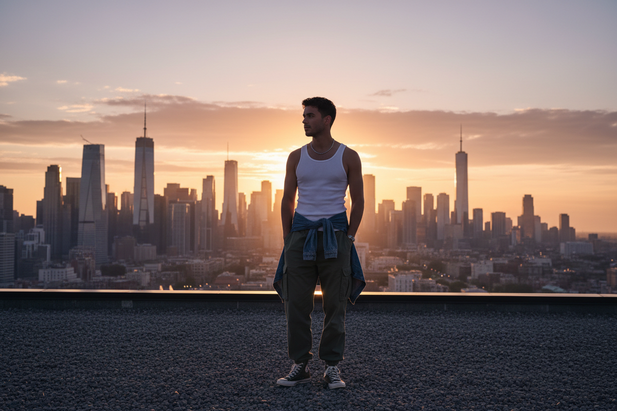 Young man in white tank top and streetwear on rooftop at sunset, city skyline background